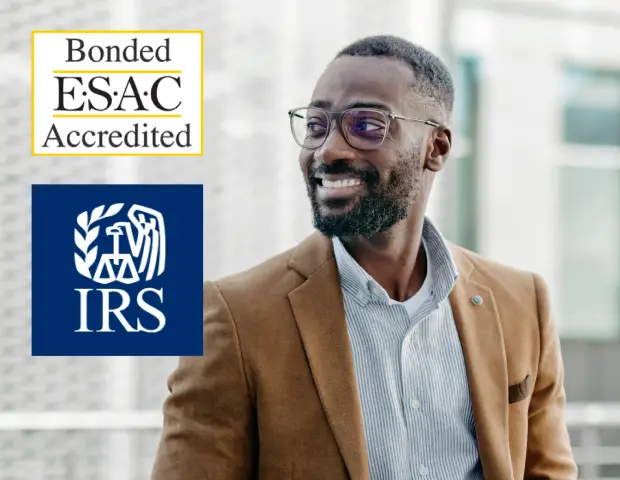 Smiling businessman in a blazer, with ESAC Accredited and IRS certification badges displayed alongside him