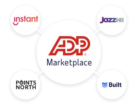 Featured ADP Marketplace application logos: ClockShark, JazzHR, Points North, Built