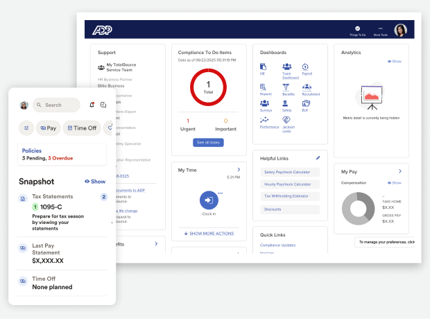 Screenshots of the ADP TotalSource desktop dashboard and mobile app, showing pay, time off, compliance tasks, dashboards, and analytics