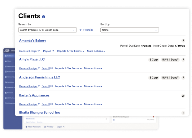 List of clients displayed on the ADP Accountant Connect dashboard