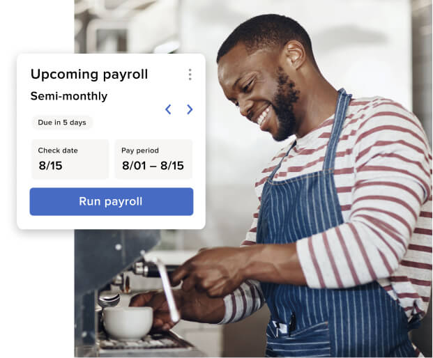 Screenshot showing Semi-monthly upcoming payroll due in 5 days with a check date, pay period and run payroll button. 