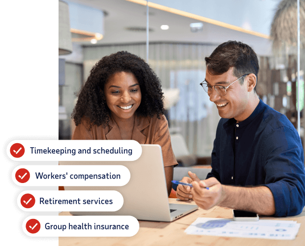 Account reviews timekeeping, workers compensation, retirement services and group health insurance with client.