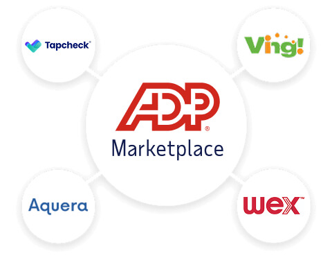 Featured ADP Marketplace application logos: ClearCompany, Ving!, Aquera, WEX