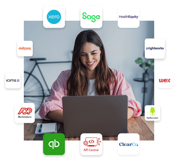 ADP solutions integrate with most major ERPs such as Sage, QuickBooks, Xero, Workday, HealthEquity and ZipRecruiter to name a few