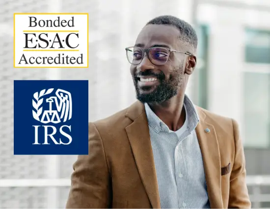 Smiling businessman in a blazer, with ESAC Accredited and IRS certification badges displayed alongside him