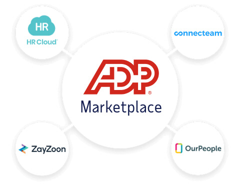Featured ADP Marketplace application logos: HR Cloud, Connecteam, Doctegrity, OurPeople