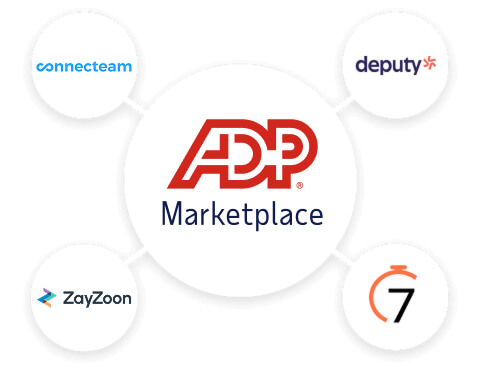 Featured ADP Marketplace partner logos: Connecteam, Deputy, LifeCare, and 7shifts